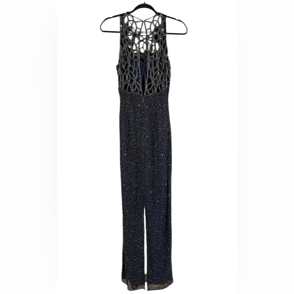 Vintage SCALA Beaded Evening Gown Navy Blue Sequins Formal Art Deco Maxi Size M - Picture 3 of 8